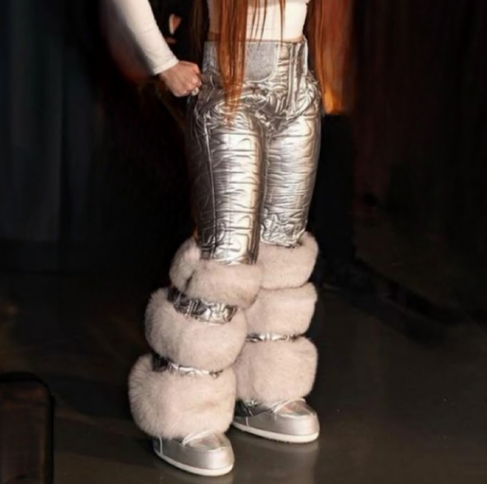 Moose Knuckles Silver Metallic Puffer Ski Pants with Pink Fur Gaiters